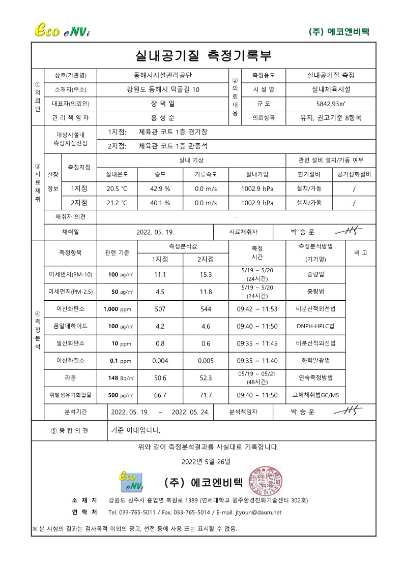 [동해시시설관리공단] 실내공기질 측정 결과게시글의 2번째 이미지입니다.